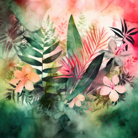 Tropical leaves and flowers in an artistic fusionの素材