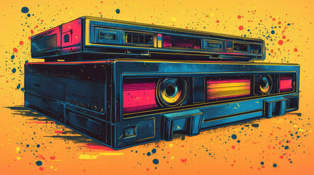 Stack of vintage cassettes and a retro playerの素材