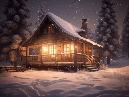 Cozy winter landscape with glowing cabin and snowの素材