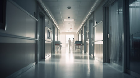 Urgent hospital scene with fast-moving professionalsの素材