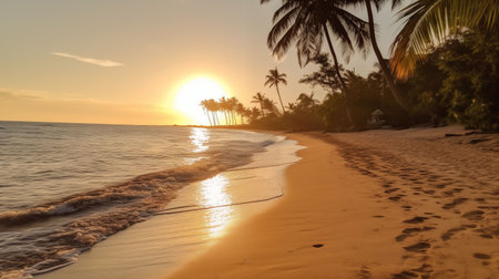 Peaceful shore with golden hues at duskの素材