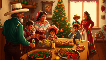 Warm holiday gathering with piÃ±ata and lightsの素材