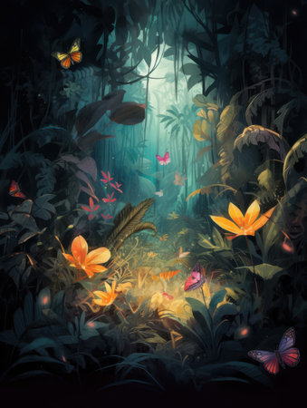 Magical Tropical Jungle with Vibrant Colors and Butterfliesの素材
