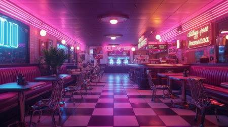 Retro-Futuristic Diner with Neon Glow and Robot Serversの素材