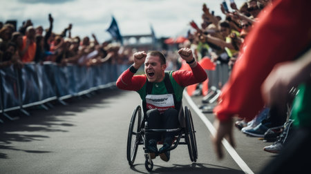 Triumphant wheelchair racer crossing the finish lineの素材