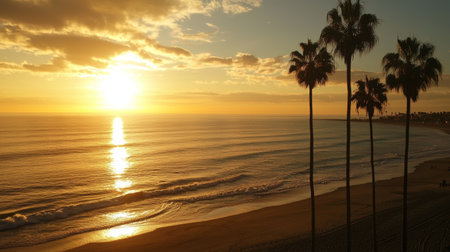 Tranquil ocean sunset with palm-lined shoreの素材
