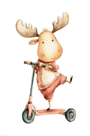 Moose on scooter whimsical children's drawingの素材