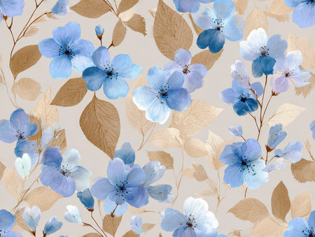 Soft beige background with blue floral motifの素材