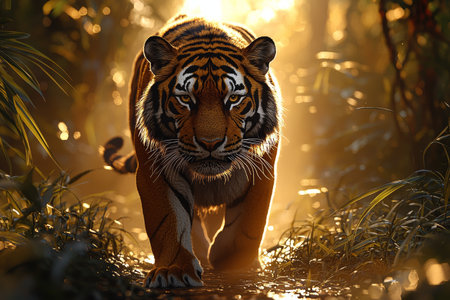 Majestic Tiger Walking Through a Misty Jungle with Golden Lightの素材
