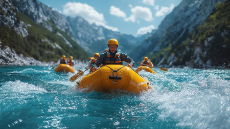Couple on an inflatable yellow kayak in the mountains.の素材