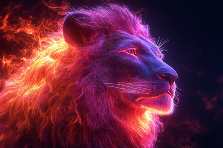 Digital Art of a Geometric Lion with Neon Glows and Sharp Detailsの素材