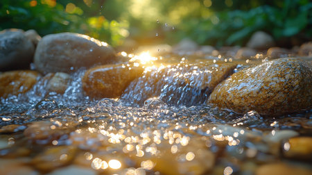 Water flowing over stones in the garden with sunbeams and lens flareの素材