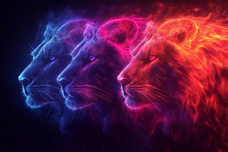 Geometric Lion Made of Glowing Neon Lines on a Dark Backgroundの素材