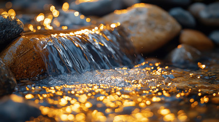 waterfall in the evening on a background of stones close-upの素材