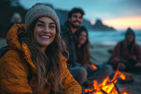Joyful Group of Friends Enjoying a Bonfire on the Beach at Sunsetの素材