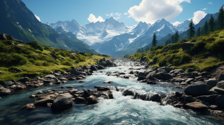 Mountain landscape with a river and snow-capped peaks in the backgroundの素材