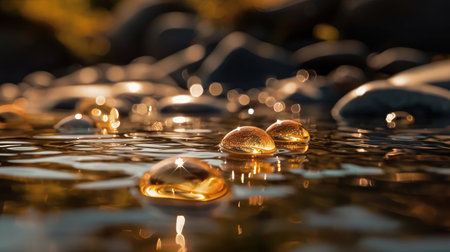 Beautiful transparent drops on the surface of the water in the sunlightの素材