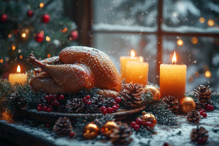 Festive Christmas Table with Roasted Turkey and Holiday Decorationsの素材