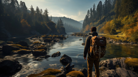 Man with a backpack on the background of a mountain river in autumnの素材
