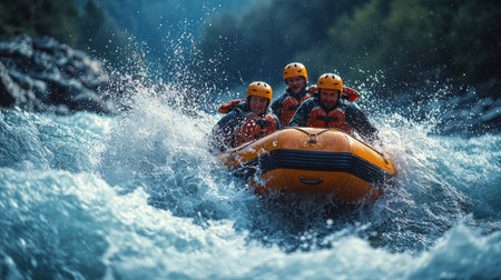 Group of young people rafting on the mountain river, extreme sportの素材