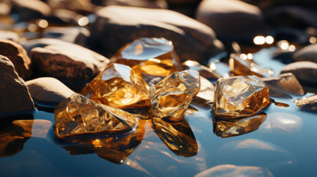Pile of ice cubes on the water surface. Selective focus.の素材