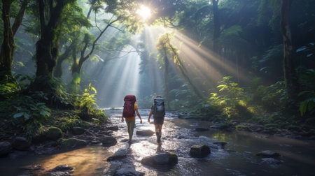 Man and woman walking with backpacks in the rainforest of Thailandの素材