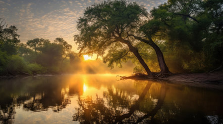 Sunrise over the river with reflection of trees in the water.の素材