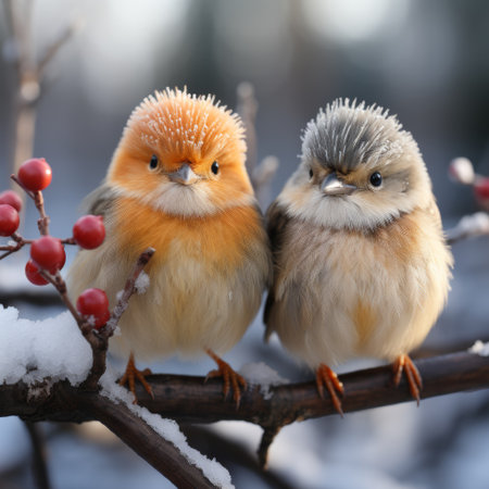 Cozy Winter Scene with Cute Birds in Festive Hatsの素材