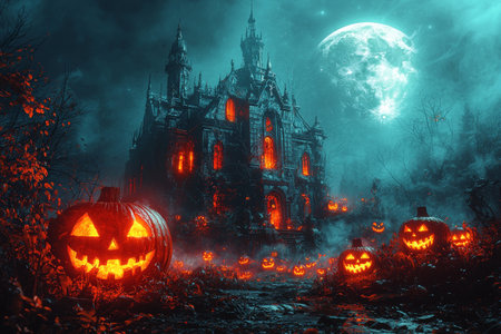Spooky Halloween Night with a Haunted House and Glowing Pumpkinsの素材