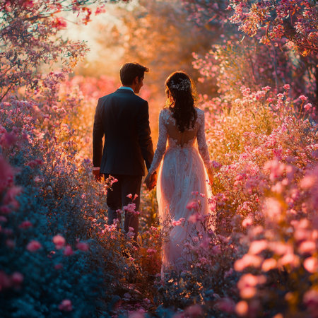 Wedding couple in the autumn forest at sunset. Bride and groomの素材