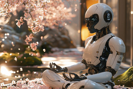 Robot Meditating in a Zen Garden with Falling Cherry Blossomsの素材