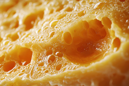 close-up of a piece of yellow cheese with water dropletsの素材