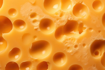 Close-up of cheese with holes as background, top view.の素材