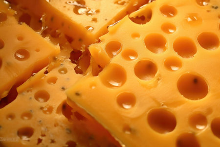 Slices of cheese with holes close-up. food backgroundの素材