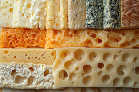 Variety of types and shapes of cheese. Close-up.の素材