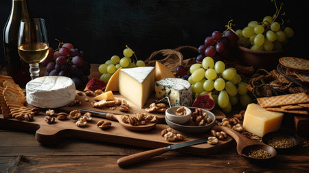 Cheese platter with grapes, nuts and wine on wooden tableの素材
