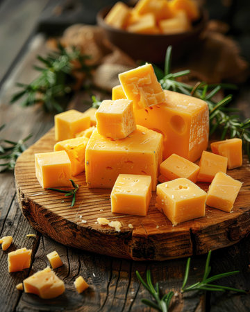 Pieces of cheese with rosemary on a dark wooden background.の素材