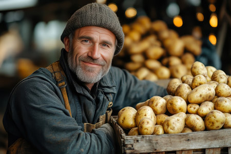 Portrait of a smiling farmer with potatoes at the local market.の素材