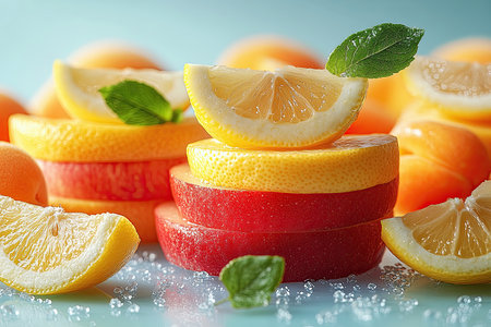 Slices of lemon, grapefruit and orange on blue backgroundの素材