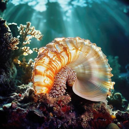 Beautiful sea shell on a coral reef. Underwater photography.の素材