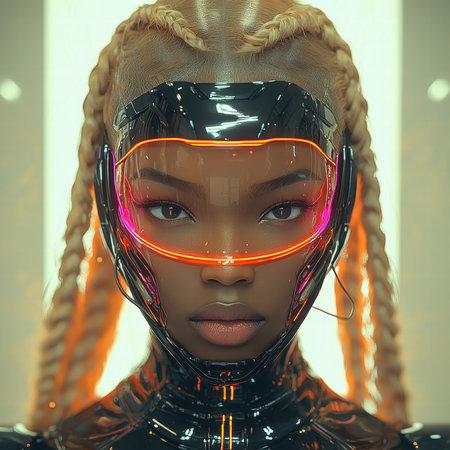 Futuristic female android with neon visor and glossy black suitの素材
