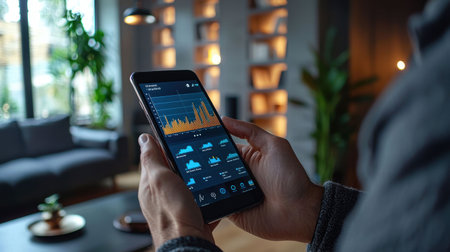 Male hands holding a smartphone with stock market data on the screen.の素材