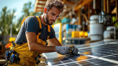 Portrait of a male technician working on a photovoltaic panelの素材
