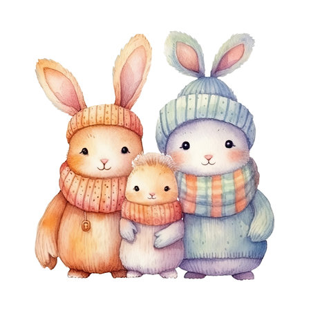 Cute bunnies in winter clothes. Watercolor illustration.の素材