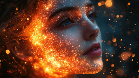 Fantasy portrait of a beautiful girl with bright makeup and sparklesの素材