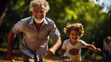 Happy grandfather and grandson having fun in the park on a sunny dayの素材