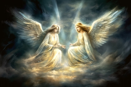 Angel and angelic woman. Digital painting. 3D illustration.の素材