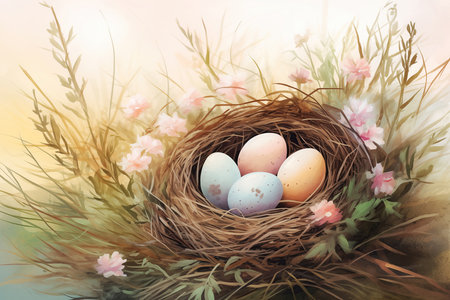 Easter eggs in a nest with flowers on a blurred background.の素材