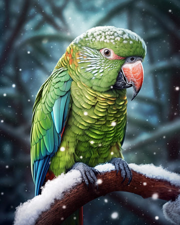Green parrot sitting on a snowy branch, winter sceneの素材