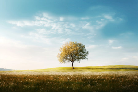 Lone Tree on a Green Field Under Blue Skyの素材